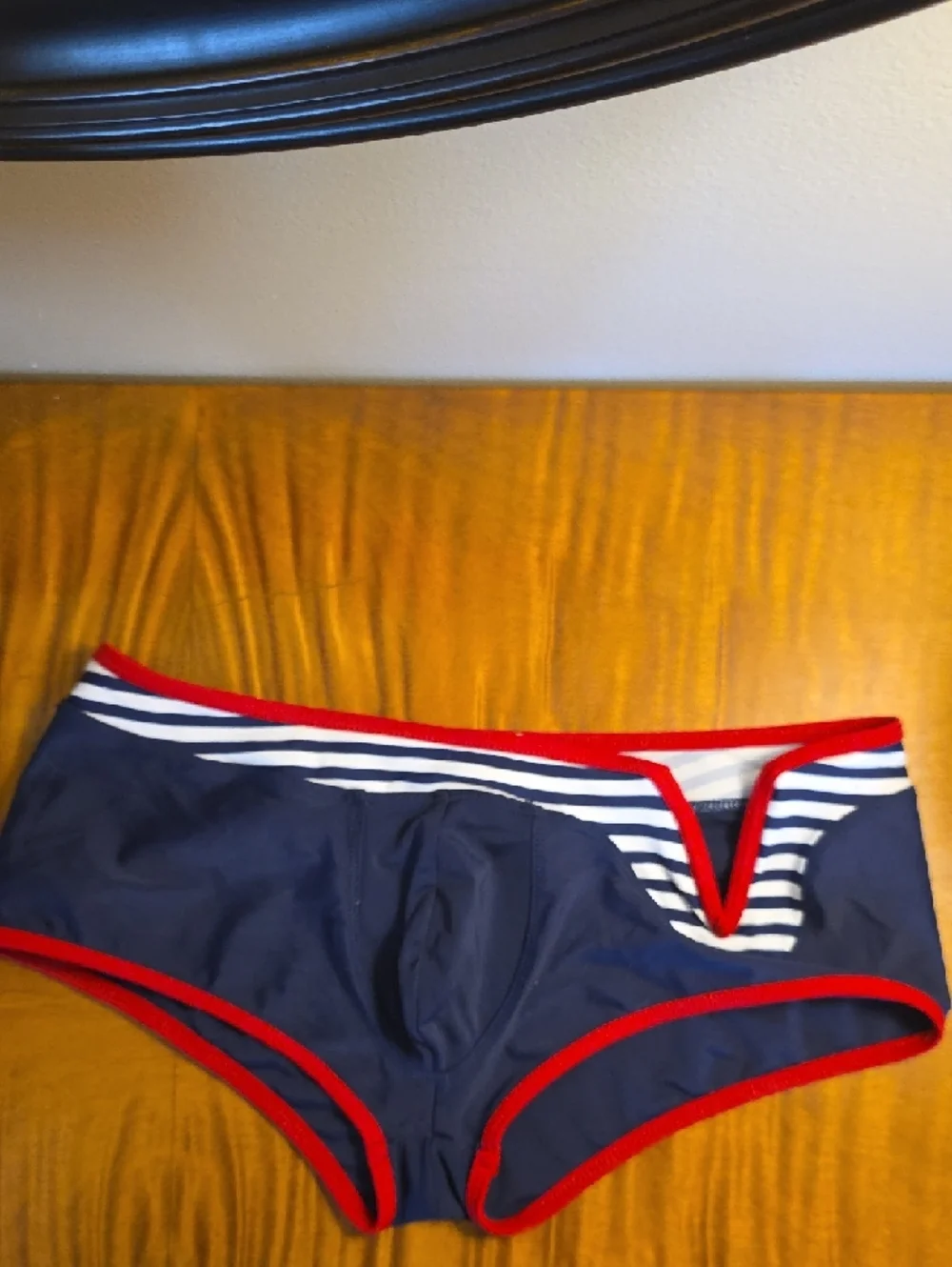 Men's Navy Swim Trunks with Red Trim and White Stripe Detail UNIQUE V CUT OUT - Picture 4 of 5